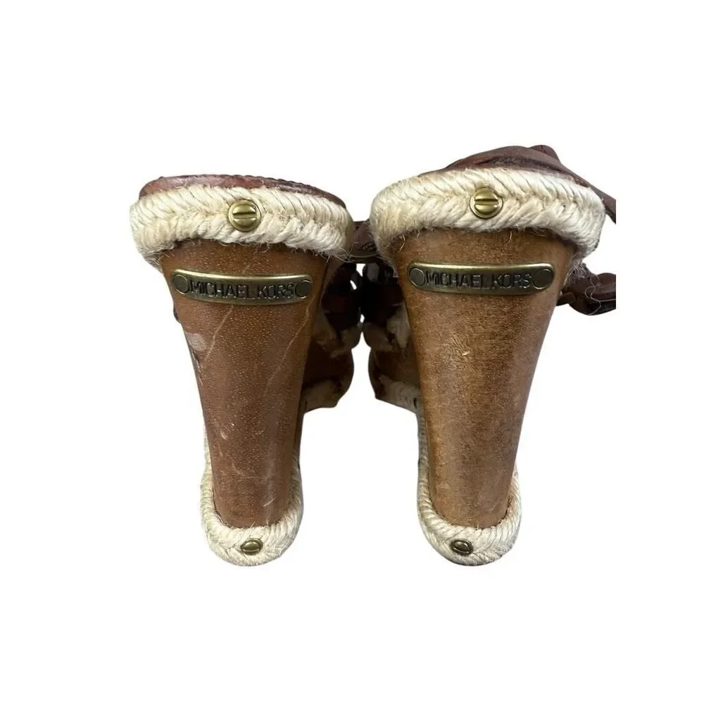 Michael Kors Y2K Brown Leather Studded Espadrille Wedge Sandals Size 6